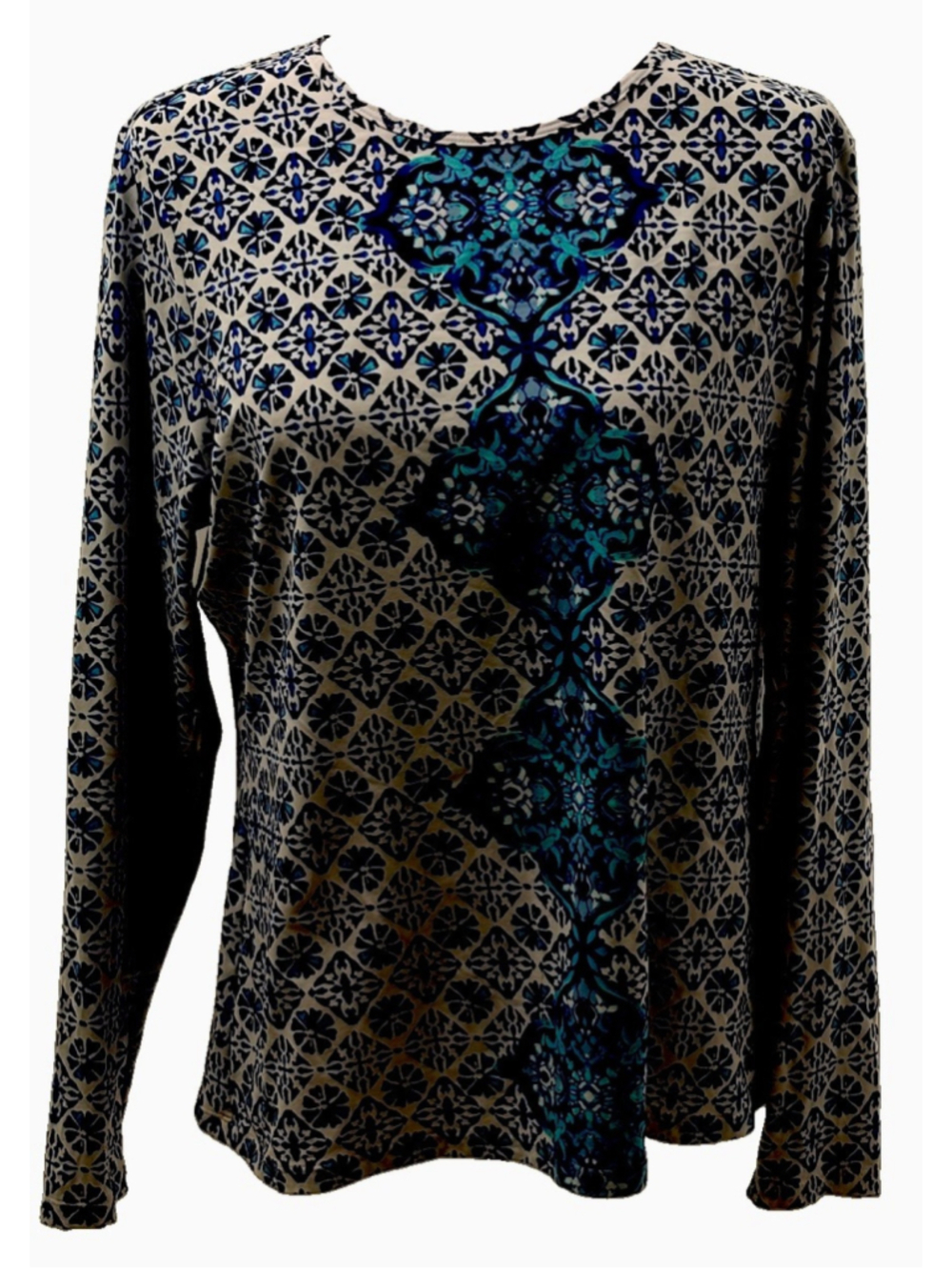 Lands' End Women Large Blue Tile Geo SunShade UPF 50 Long Sleeve Rash Guard